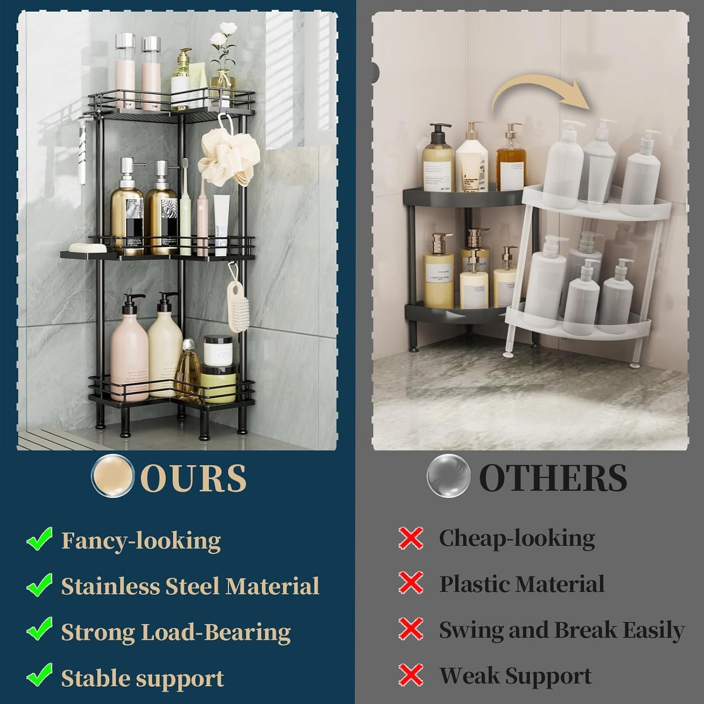 Consumest Corner Shower Caddy Standing - 3-Tier Stainless Steel Shower Organizer with Soap Holder and 4 Hooks, Large Capacity Corner Shelf Stand for Bathroom, Rest Room, Black