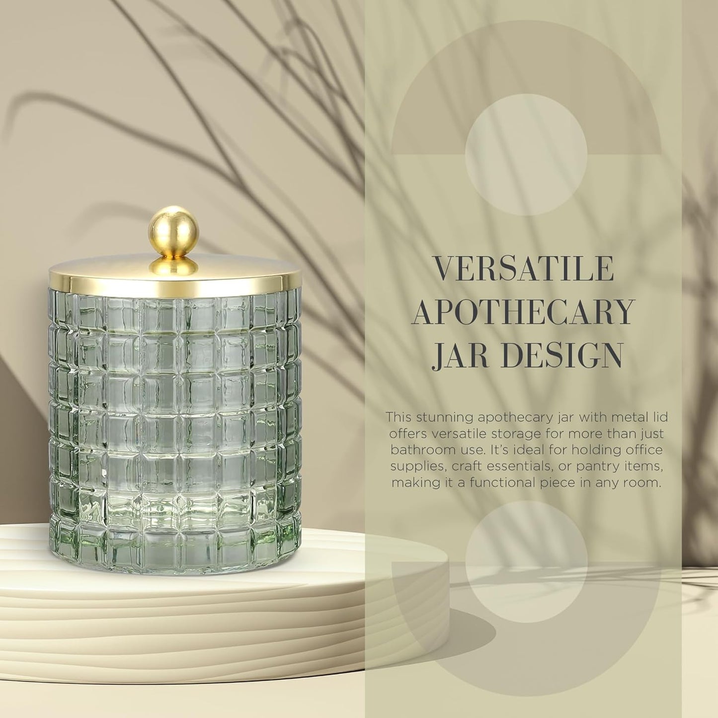 Sage Colored Tranlucent Apothecary Etched Geometric Grid Glass Jar W/Gold Metal Lid Cover for Bathroom Organization, Cotton Balls, Q Tips, and Small Accessories, Bathroom Storage