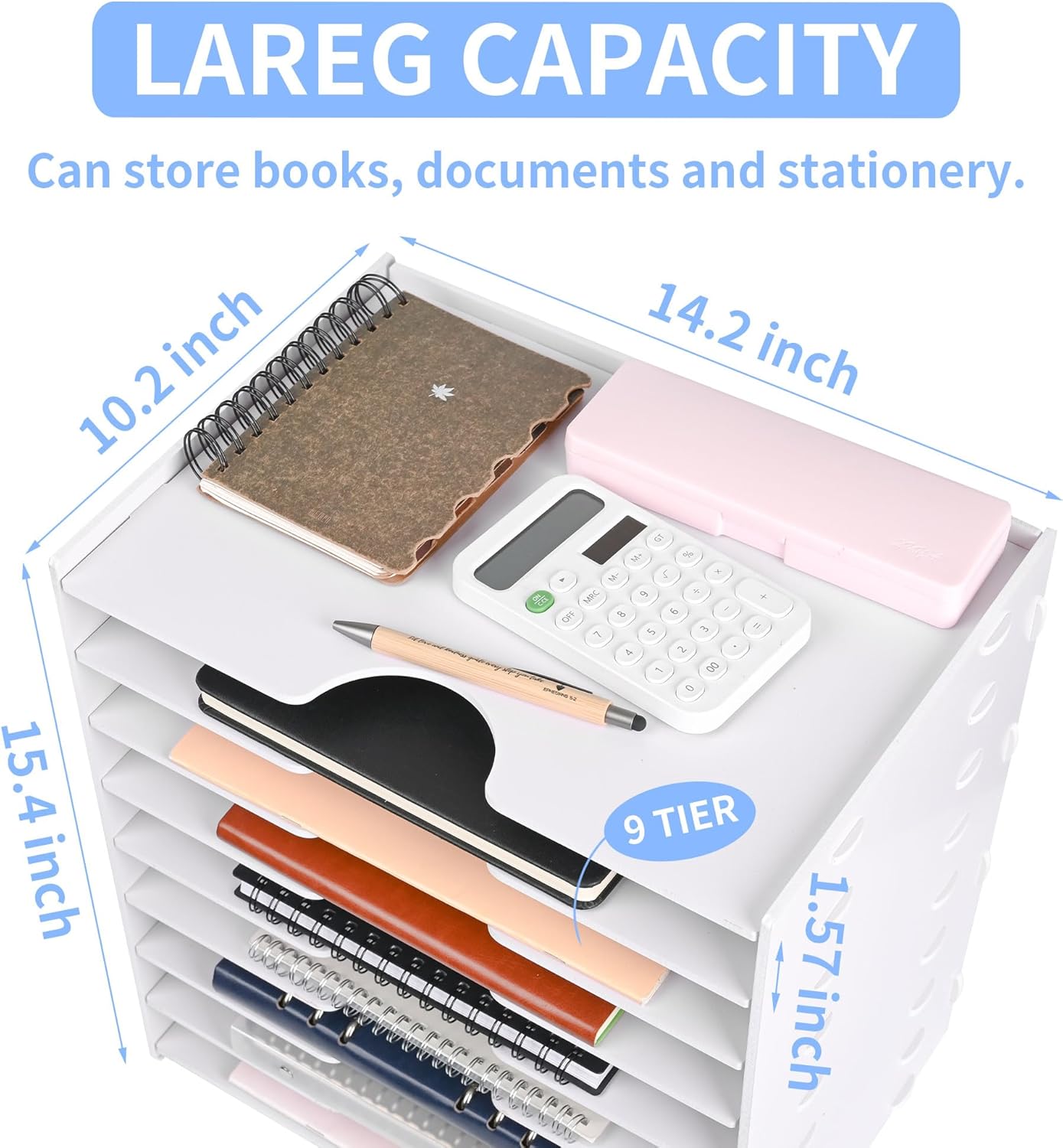 Paper Organizer Storage for Desk, 9 Tier Construction File Organizer Paper Sorter, Desktop Document Storage Holder for Home Office School, 14 1/8" x 10 1/4" x 15 3/8", White