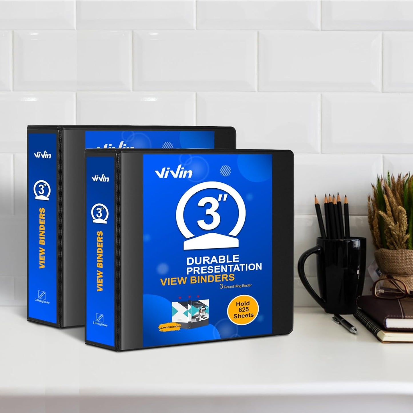 ViVin 3 Ring Binder 3 inch with Clear View Cover, Large 3" Round Ring for Strength, Holds 600 Sheets of US Letter Size Paper, Office Home School, 10 Pack (Black)