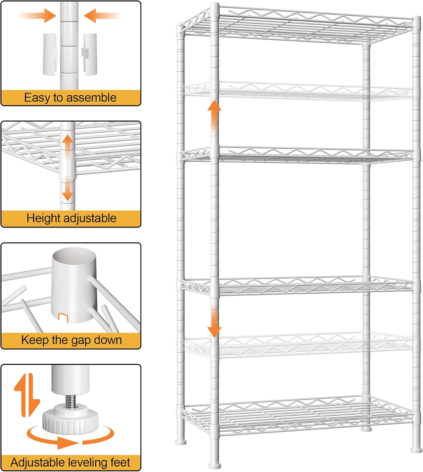 HOMEFORT 4-Shelving Unit, Adjustable Wire Shelving, Metal Wire Shelf Rack Organizer for Kitchen, Pantry, Closet, Bathroom, Laundry, White,21" W x 11" D x 41" H