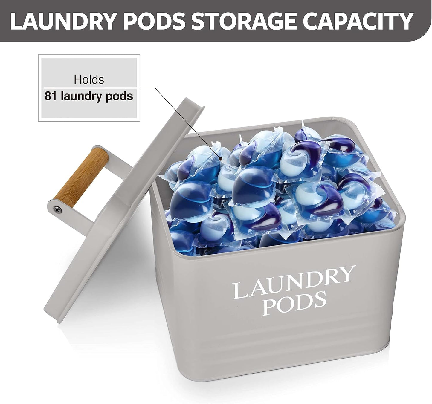 Calindiana Modern Farmhouse Metal Laundry Pods Holder Container with Lid for Laundry Room Decor and Accessories and Space Saving Laundry Room Organization and Storage, Holds 81 Laundry Pods, Grey