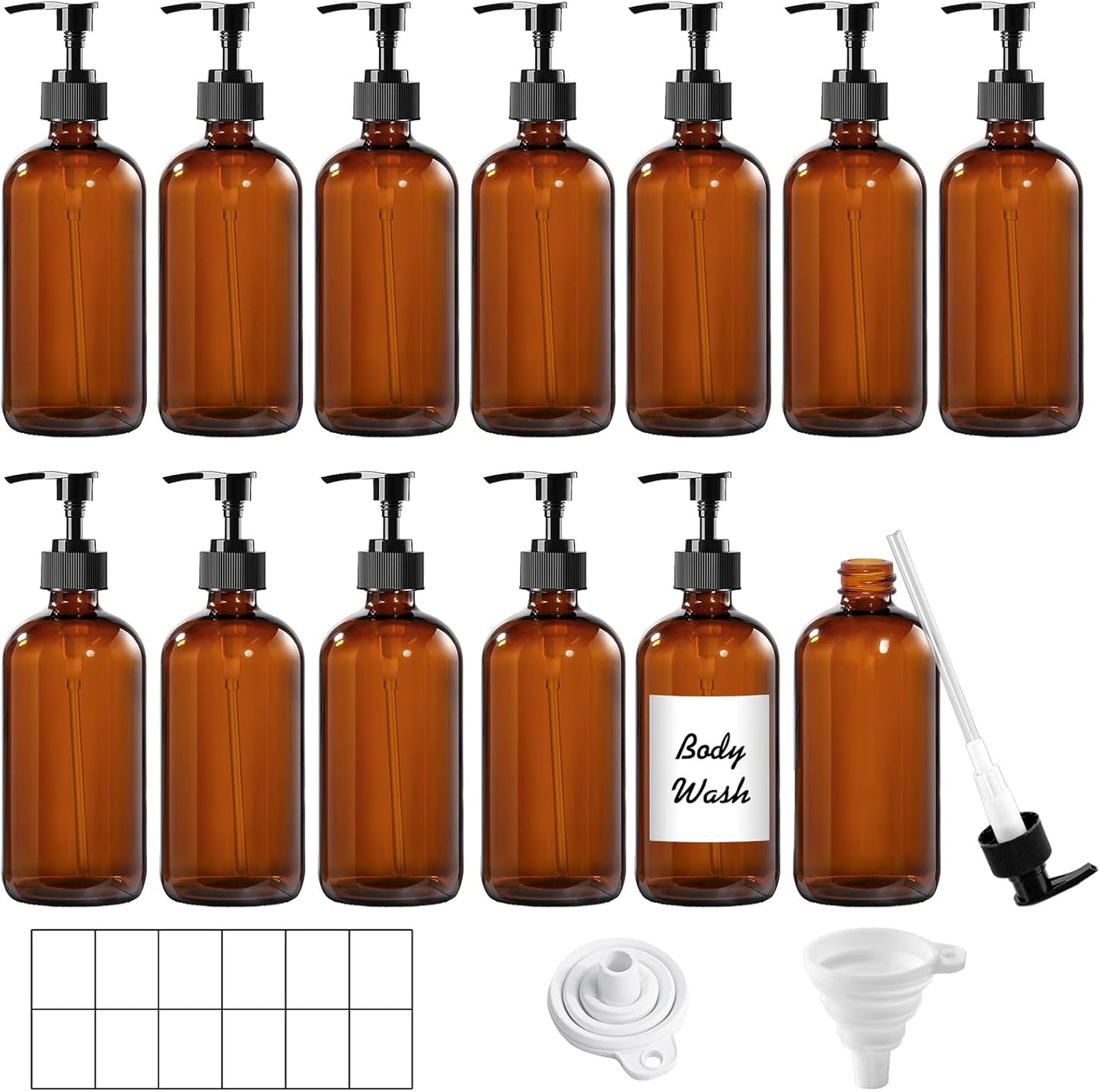 12 Pack Amber Glass Bottles 8oz with Pump Dispensers, Refillable Empty Pump Bottles for Bathroom, Kitchen, Shampoo, Soap, Lotion – Includes 2 Funnels & 12 Labels