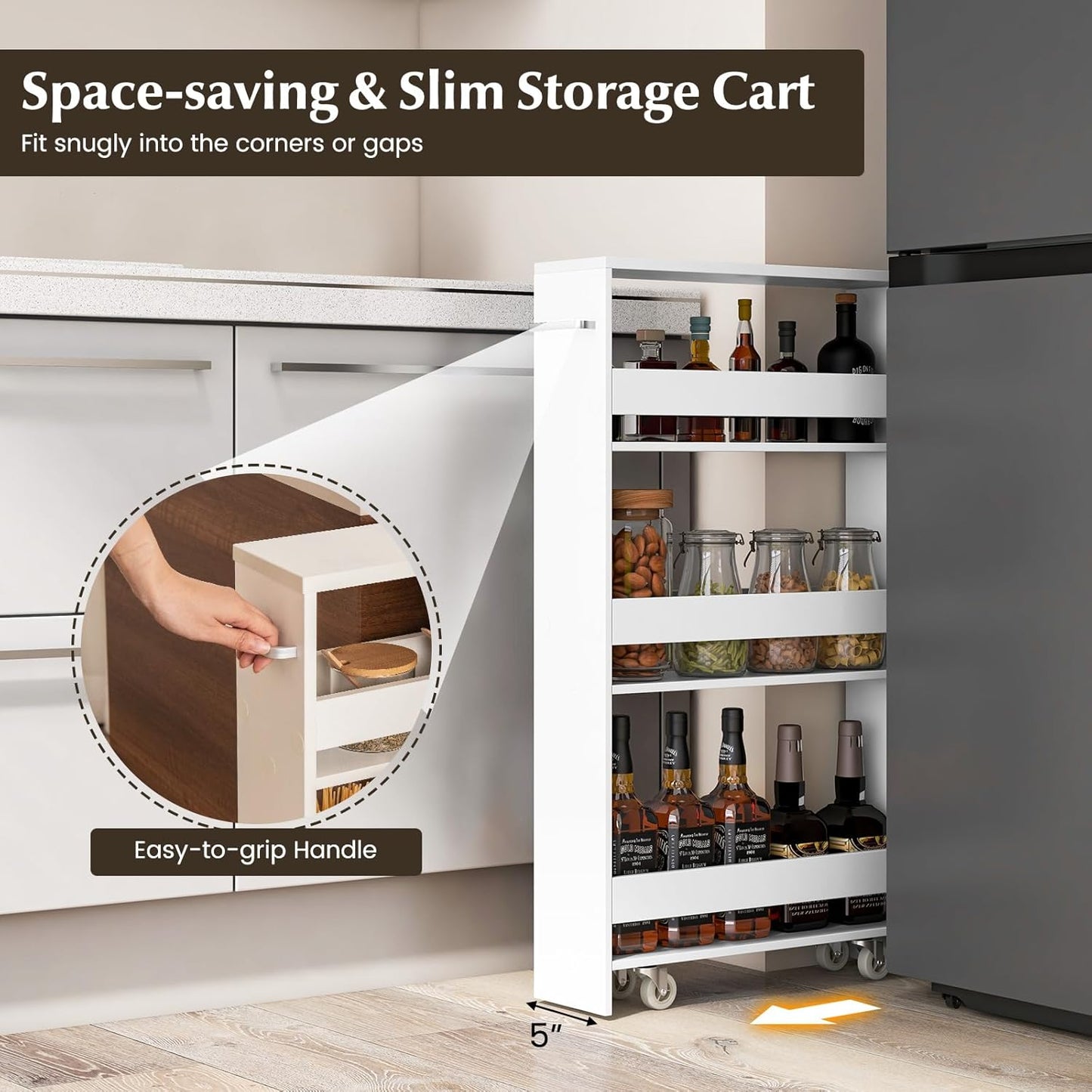 LOKO Slim Storage Cart, 4-Tier Rolling Cart with Handle & Wooden Top for Kitchen Bathroom Laundry Living Room Narrow Small Spaces, 5 Inches Width (Plain White)