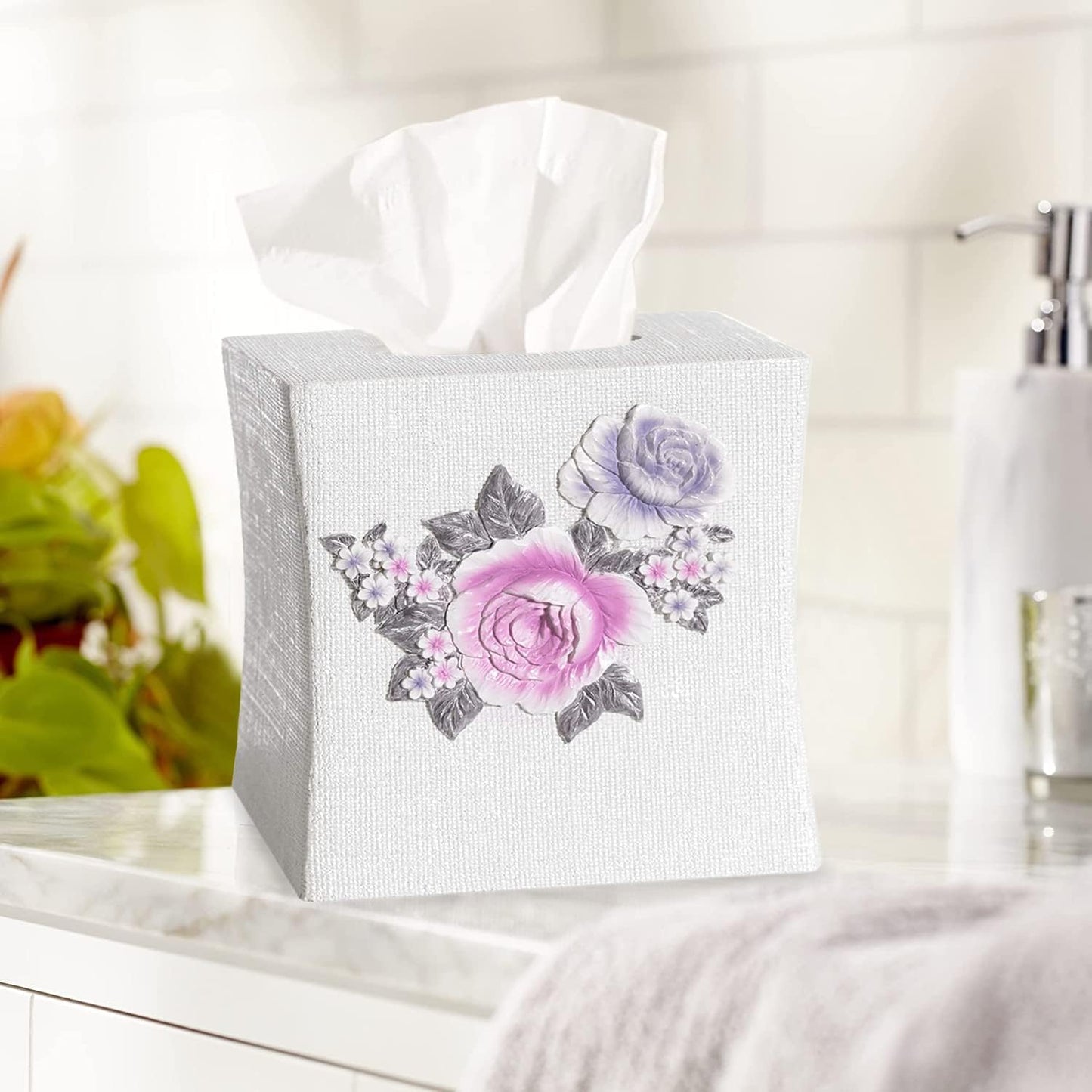 Zahari Home 2pc Michelle Bathroom Set Waste Basket & Tissue Cover Modern Classic Decor Stylish Unique Design Beautiful Floral Bathroom Accessories Set