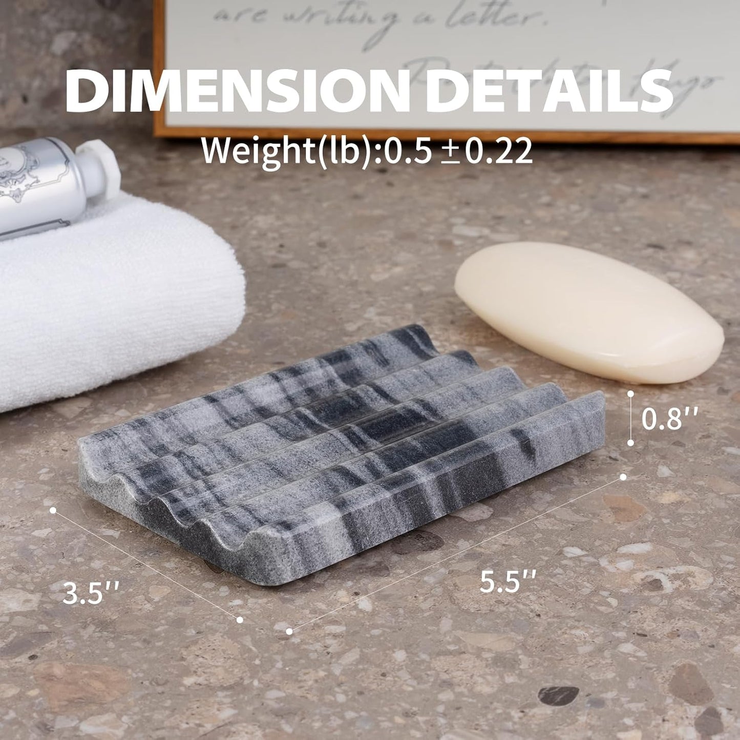 2 Pcs Soap Holder for Bathroom, Marble Soap Dish for Kitchen Countertop, Tray with Creative Wavy Design, Soap Saver for Bath Tub, Sponges, Italian Natural Stone(Monte Grigio)