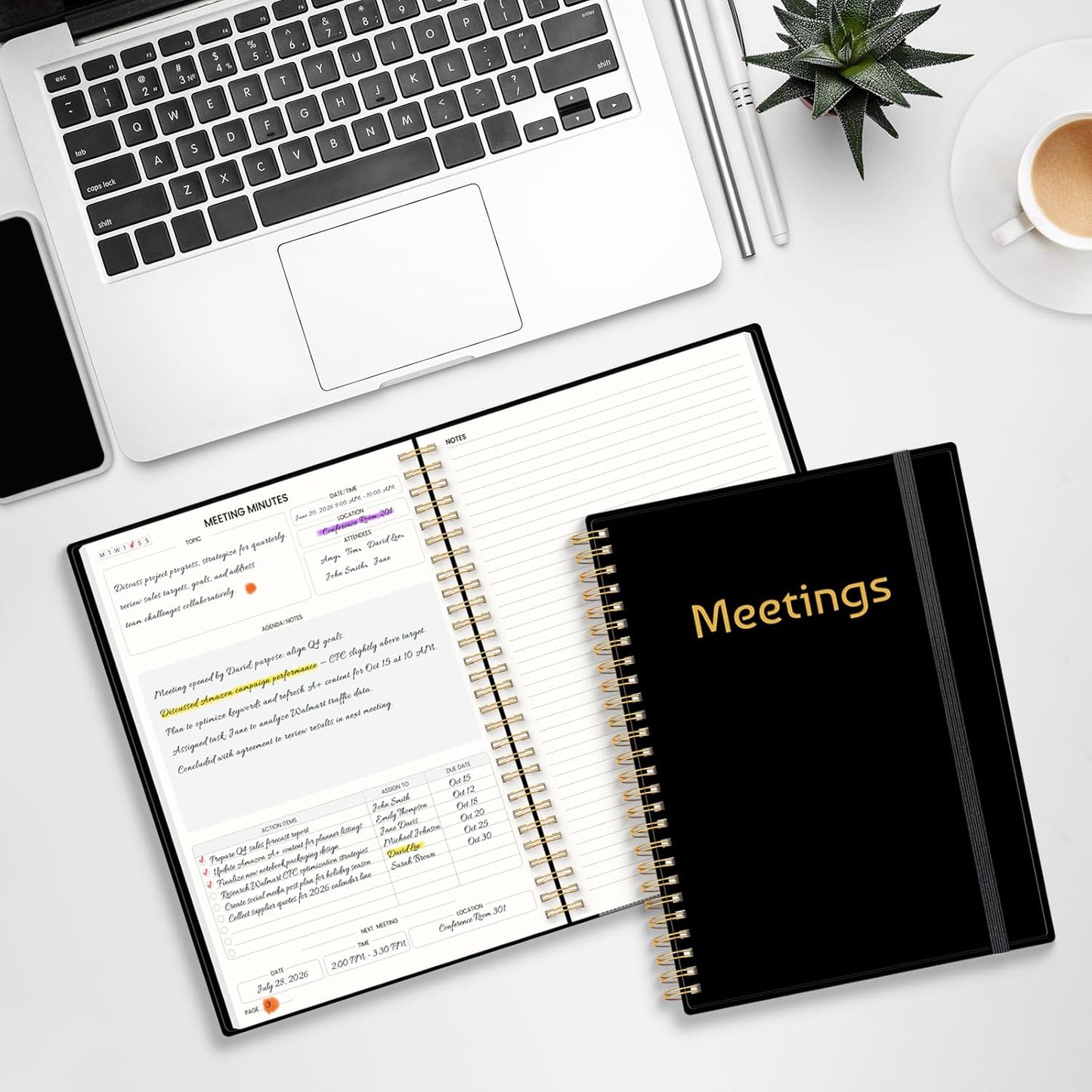 SUNEE Half Meeting Half Note 7"x10" Notebook for Work – 140 Pages, B5 Size Project Planner for Women&Men, Minutes Organizer for Meeting Notes, Ideas for Office/Business, PVC Waterproof Cover, Black