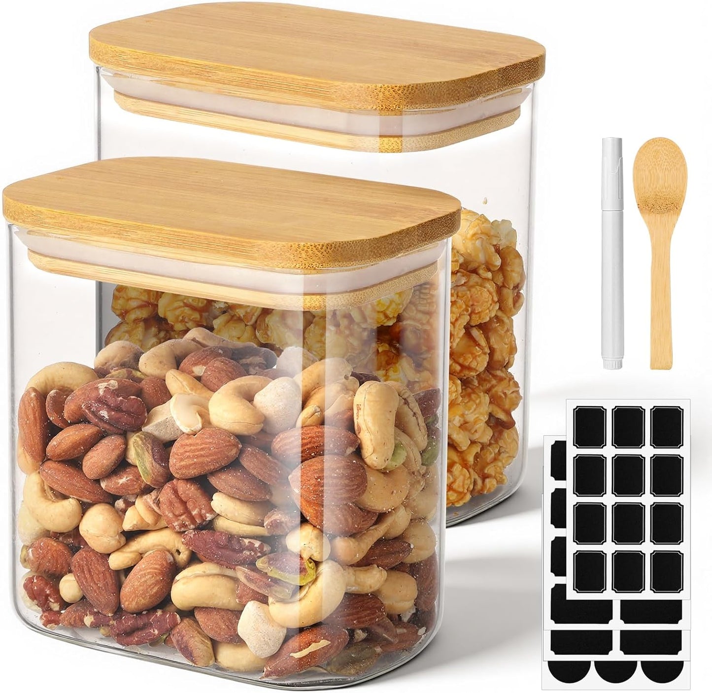 27oz Glass Jars with Lids Set of 2, Rectangle Glass Pantry Storage Containers with Bamboo Lids, Kitchen Cereal Container Clear Food Storage Jars for Sugar, Coffee, Tea, Oat, Candy, Cookie