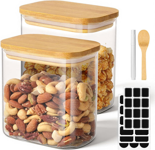 27oz Glass Jars with Lids Set of 2, Rectangle Glass Pantry Storage Containers with Bamboo Lids, Kitchen Cereal Container Clear Food Storage Jars for Sugar, Coffee, Tea, Oat, Candy, Cookie