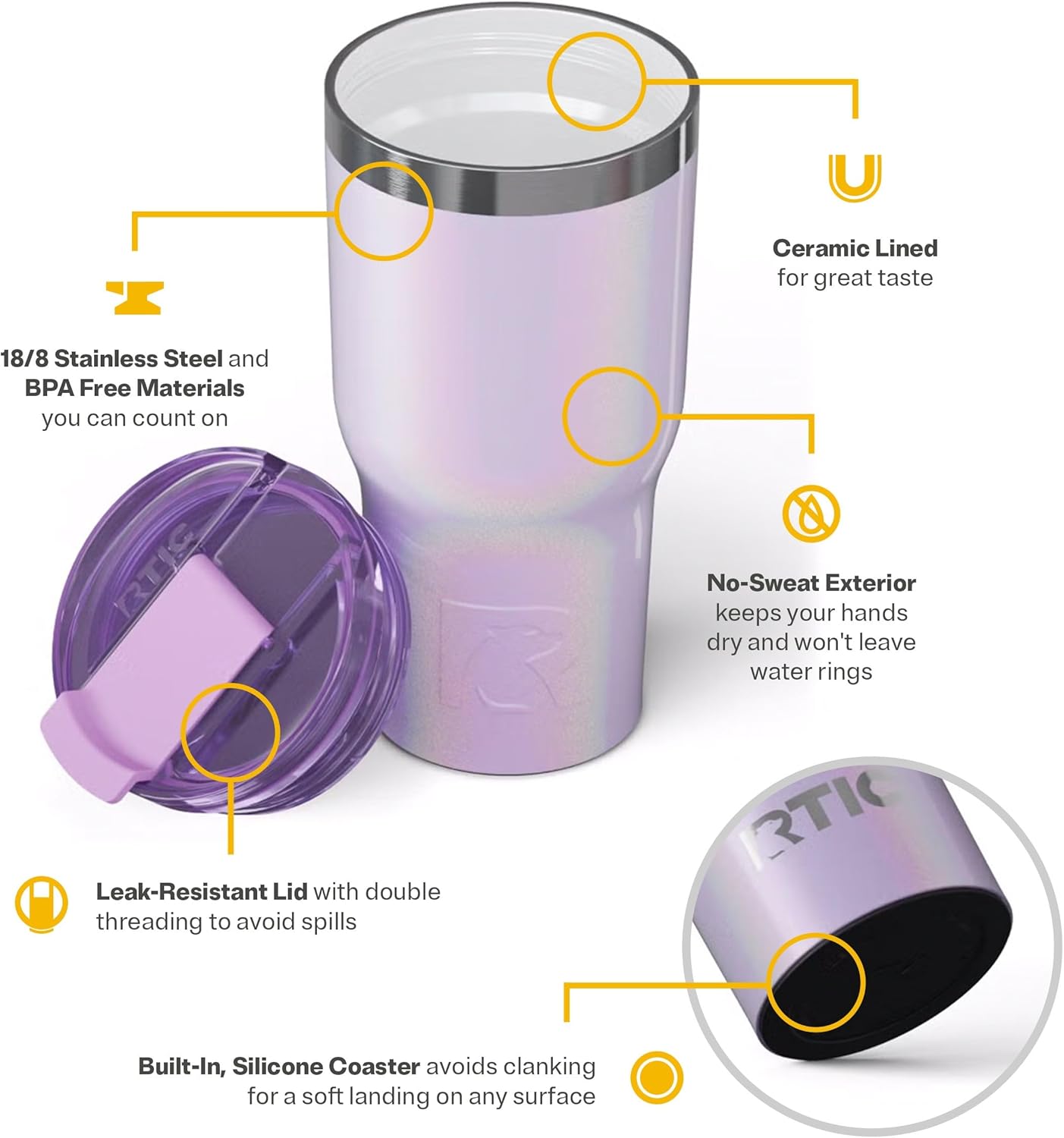 RTIC 20oz Essential Tumbler with Lid, Ceramic Lined, Insulated, Stainless Steel, Metal, Double Wall Vacuum-Insulation, Travel Cup for Iced Coffee, Tea, Hot and Cold Drink, Lavender Glitter