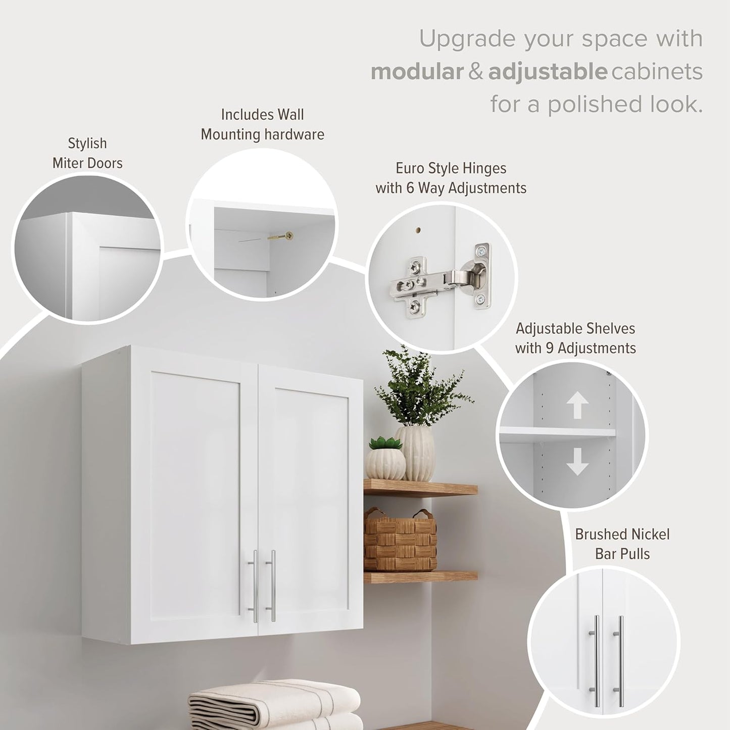 Prepac Elite 32'' Bathroom Wall Cabinet with Panel Doors, Wood Kitchen Pantry Cabinet, Wall Hanging Laundry Room Cupboard with 1 Adjustable Shelf for Kitchen, Laundry Room and Bathroom, White