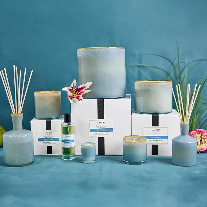 LAFCO New York Classic Reed Diffuser, Sea & Dune - 6 oz - Up to 3 Months Fragrance Life - Reusable Glass Vessel - Natural Wood Reeds - Made in The USA