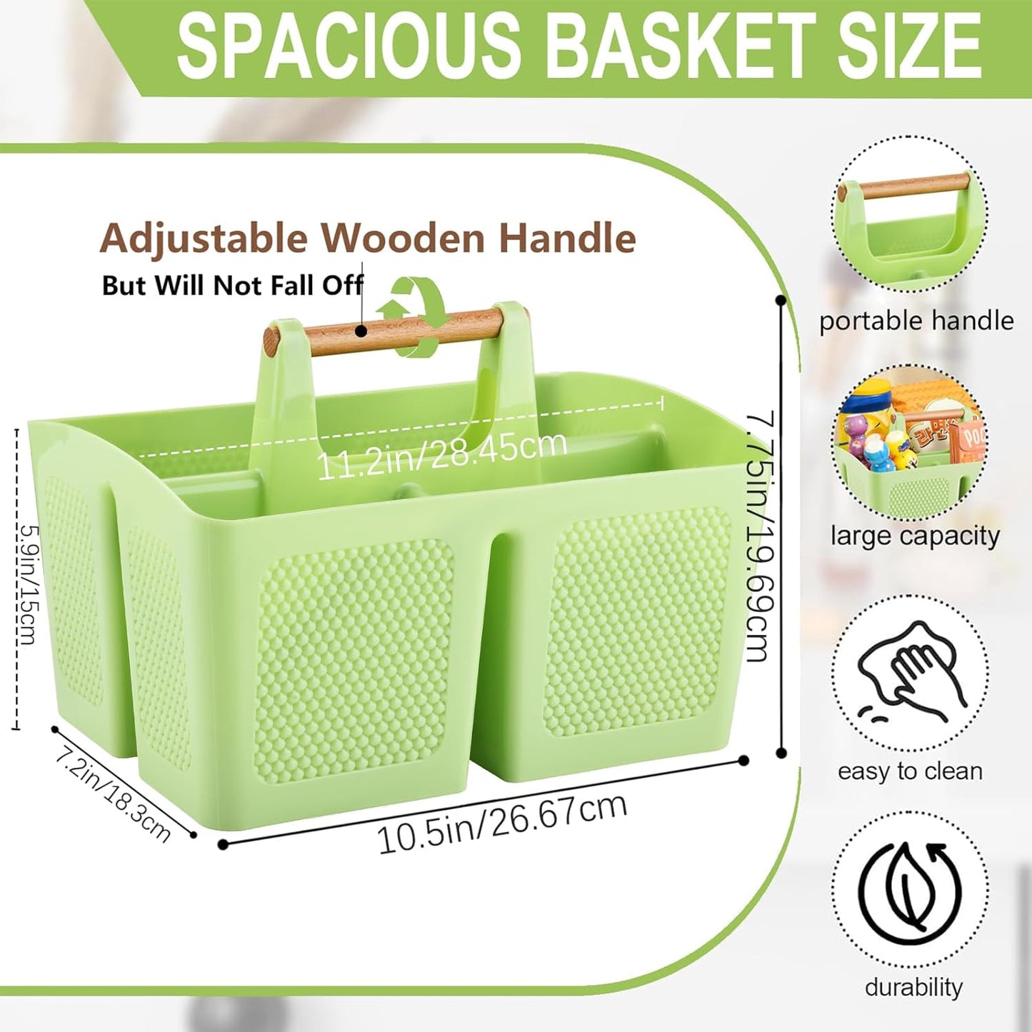 Haundry Plastic Green Shower Caddy Basket with 3 Compartments, Portable Divided Bathroom Cleaning Caddy Organizer Storage Tote with Handle for Dorm, College, Room Essentials