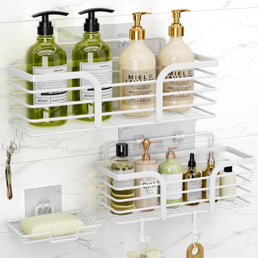 Yougai Bathroom Vanity Tray, Countertop and Vanity Tray and soap holder, 3pack Shower Caddy, No Drilling,Rustproof Adhesive Shower Organizer Shelves for Inside Shower, White Bathroom Tray Soap Tray