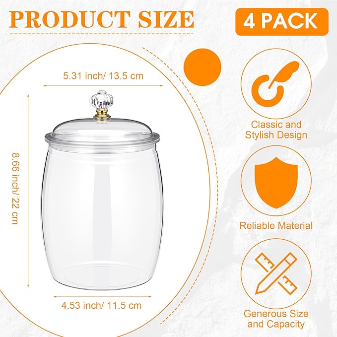 Nuogo 4 Pcs Plastic Candy and Cookie Jars with Lids Clear Cookie Container Candy Jars Large Airtight Apothecary Storage Organization for Wedding Home Kitchen Bar(42 oz)
