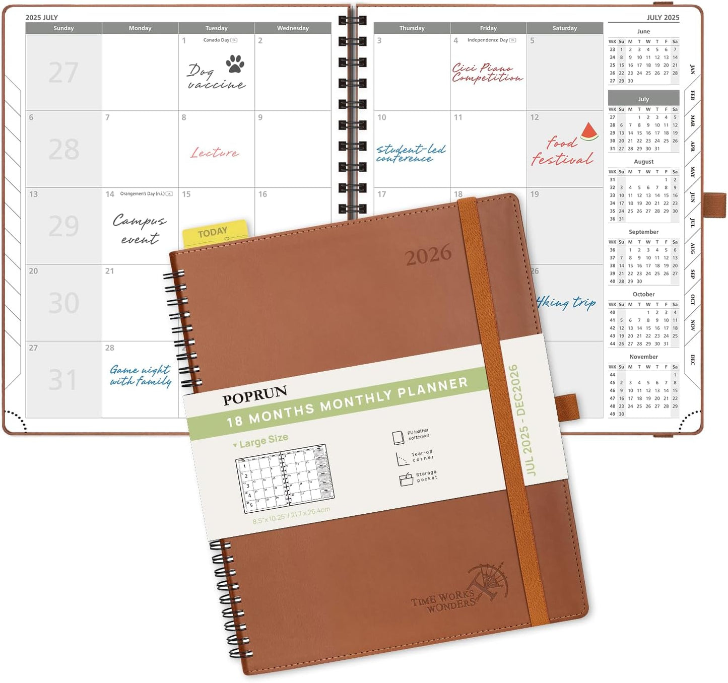 POPRUN Monthly Planner 2025-2026 Spiral Bound (8.5'' x 10.5'') 18 Months Calendar (Jul 2025 - Dec 2026) - 4 Pages per Month with Monthly Expense & Notes, Sunday Start, Leather Cover - Brown