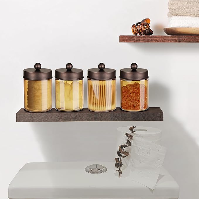Amolliar Bronze Glass Apothecary Jar With Metal Lid & Stickers, Bathroom Qtip Dispenser Storage Canister, Perfect for Cotton Balls, Cotton Swabs, Makeup Pads, Bath Salt, Floss,4 Pack (Bronze)