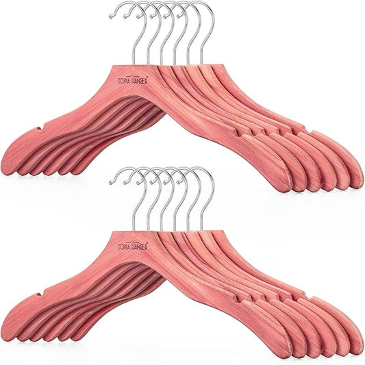TOPIA HANGER Red Cedar Coat Hangers 12 Pack, Premium Wood Suit Sweater No Shoulder Bump Hangers, 360° Swivel Hook and Cut Notches Clothes Hangers for Sweater, Coat, Shirts, Jackets, Dress, CT84C