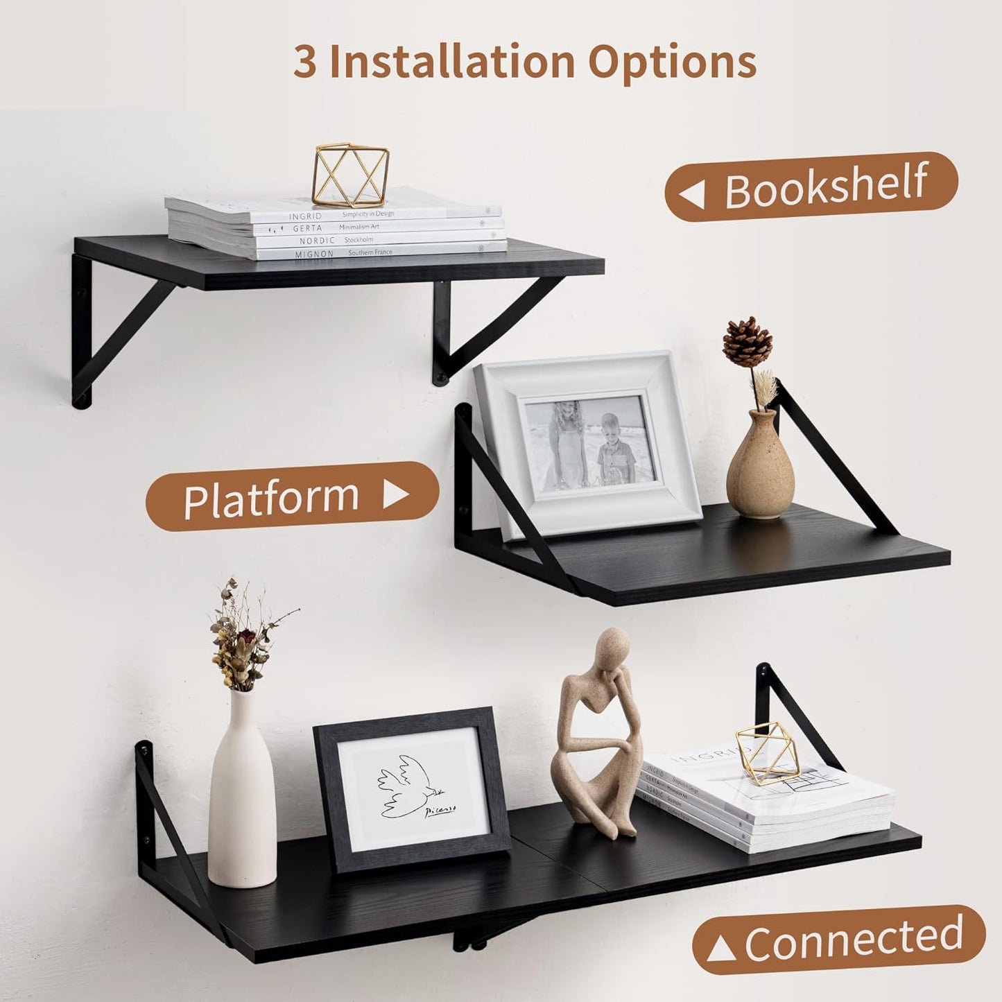 Axeman Deep Floating Shelves for Wall, 16W x 12D Black Floating Shelves Set of 2, 12 Inch Deep Large Wall Mounted Shelves for Living Room Bedroom Bathroom