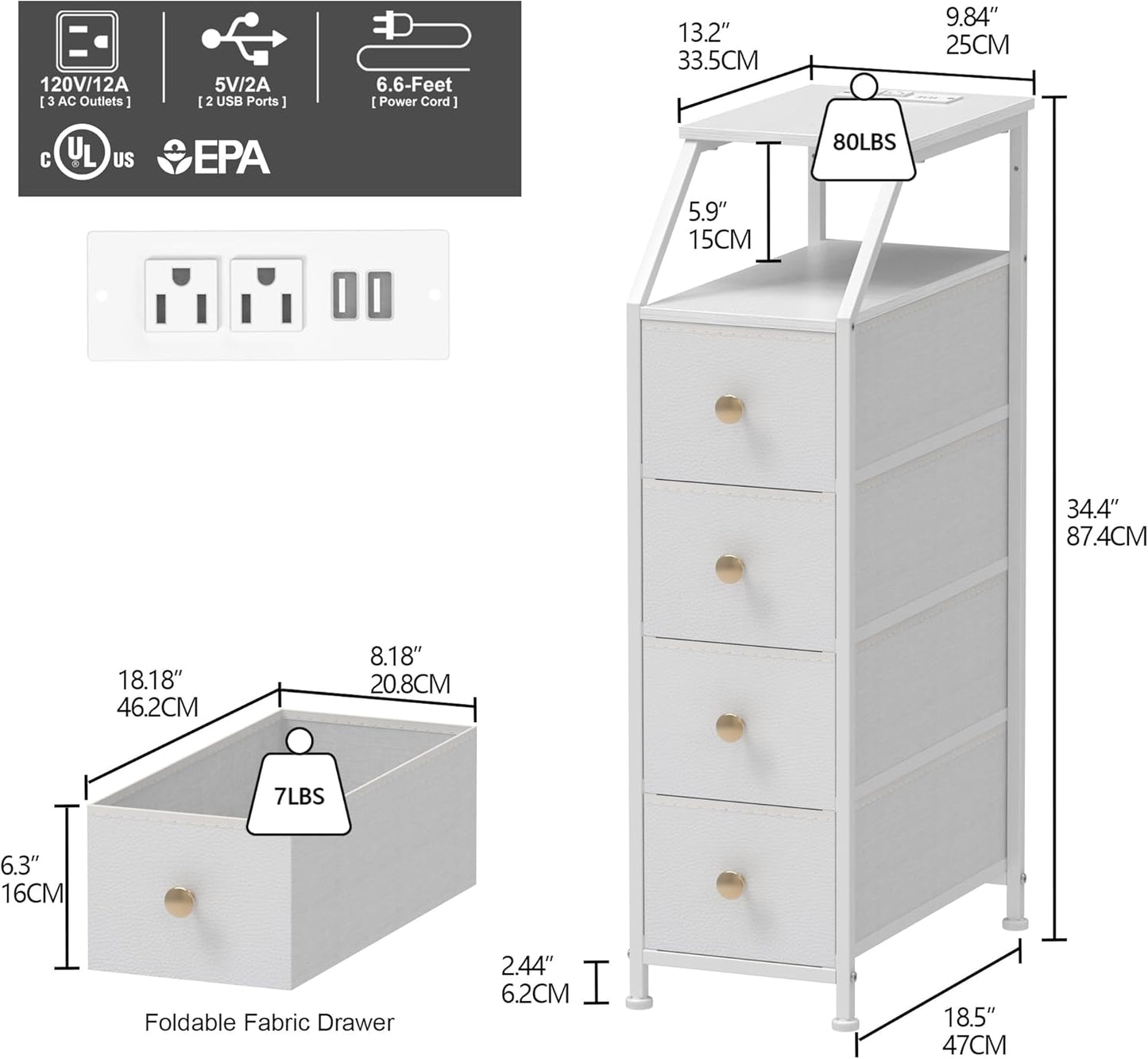 Tohomeor Narrow Dresser Tall Skinny Storage Tower Vertical Slim Chest of Drawers with Charging Station Small Nightstand Side Table for Bedroom, Bathroom, Small Spaces (White, 4 Drawers)
