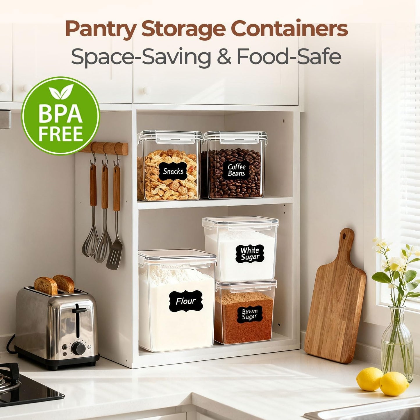 ComSaf Flour Sugar Storage Containers Set of 3 (5.2L/5.5Qt) (2.5L/2.6Qt*2), Large Airtight Food Storage Containers with Lids, Plastic Canisters Sets for Kitchen, Pantry Organizers for Rice and Baking