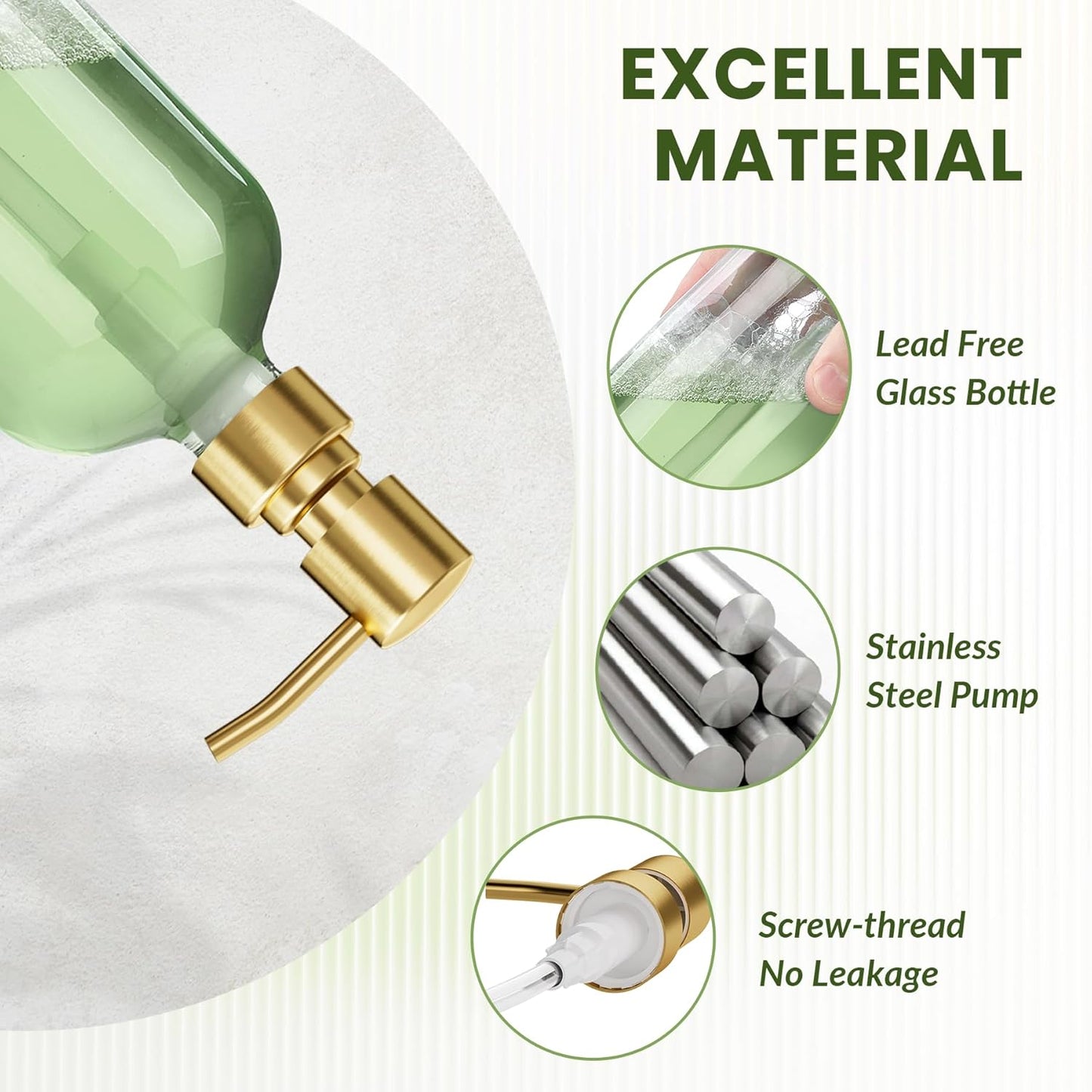 AmazerBath Soap Dispenser, 2 Pack Glass Soap Dispenser with Pump Stainless Steel, 17 Oz Clear Gold Hand Soap Dispensers for Bathroom and Kitchen