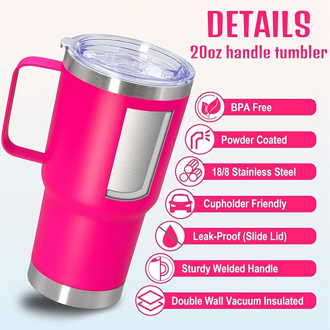 20 oz Tumbler with Handle and Lid, Stainless Steel Tumbler Insulated Travel Coffee Mug, Spill Proof Double Wall Vacuum Tumbler Cup Keep Drink Hot & Cold, Hot Pink, 1 Pack