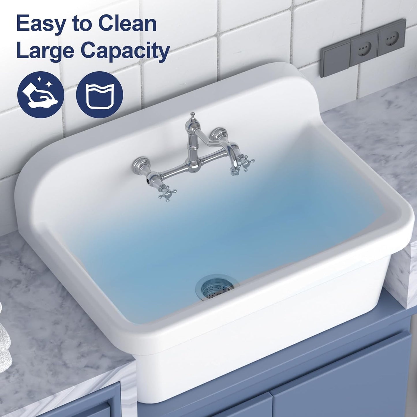 LUCKWIND 30 Inch Wall-Mounted Ceramic Utility Sink, White Farmhouse Sink for Laundry, Bathroom, Kitchen, Garage – Large Capacity, High Back Design