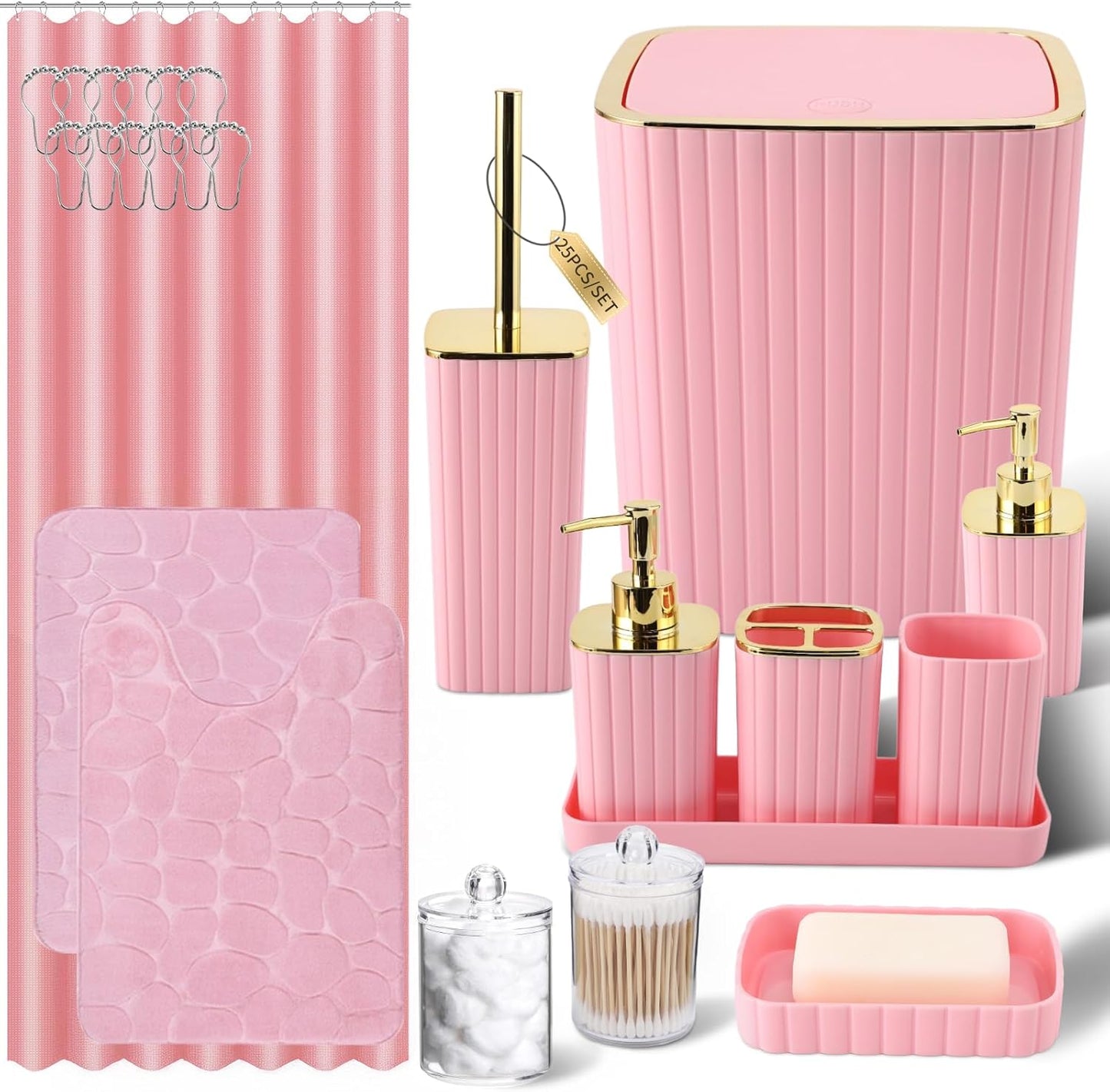 Pink Bathroom Set with Shower Curtain and Rugs- 25PC Bathroom Accessory Set, Pink Shower Curtain Set, Toilet Brush, Trash Can, Qtip Holder Dispenser & Soap Dispenser