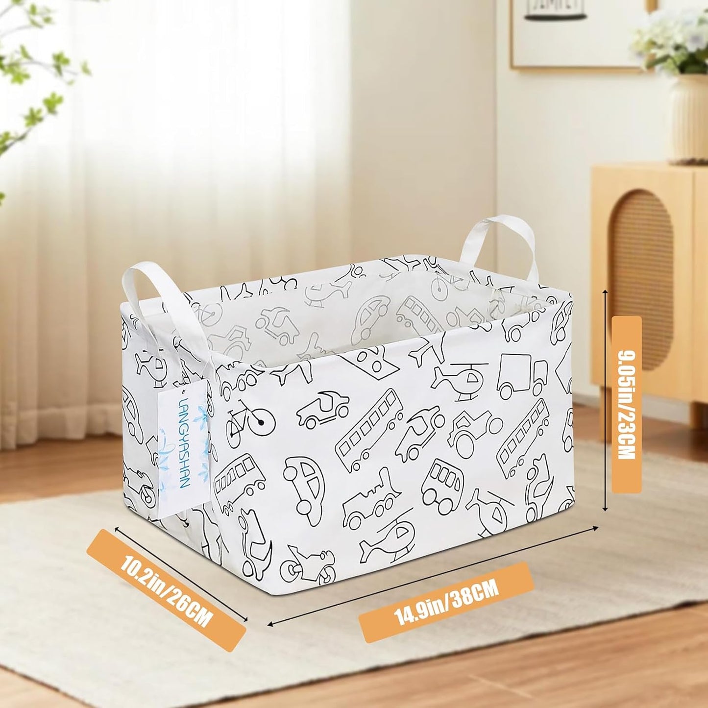 LANGYASHAN Rectangular Storage Bin Collapse Canvas Fabric Cartoon Storage Basket with Handles for Organizing Home Kitchen Boys and Girls Toys Office Closet Shelf Baskets (Rec Vehicle)