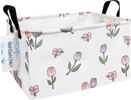 LANGYASHAN Rectangular Storage Bin Collapse Canvas Fabric Cartoon Storage Basket with Handles for Organizing Home Kitchen Boys and Girls Toys Office Closet Shelf Baskets (Rec Romantic Tulip)