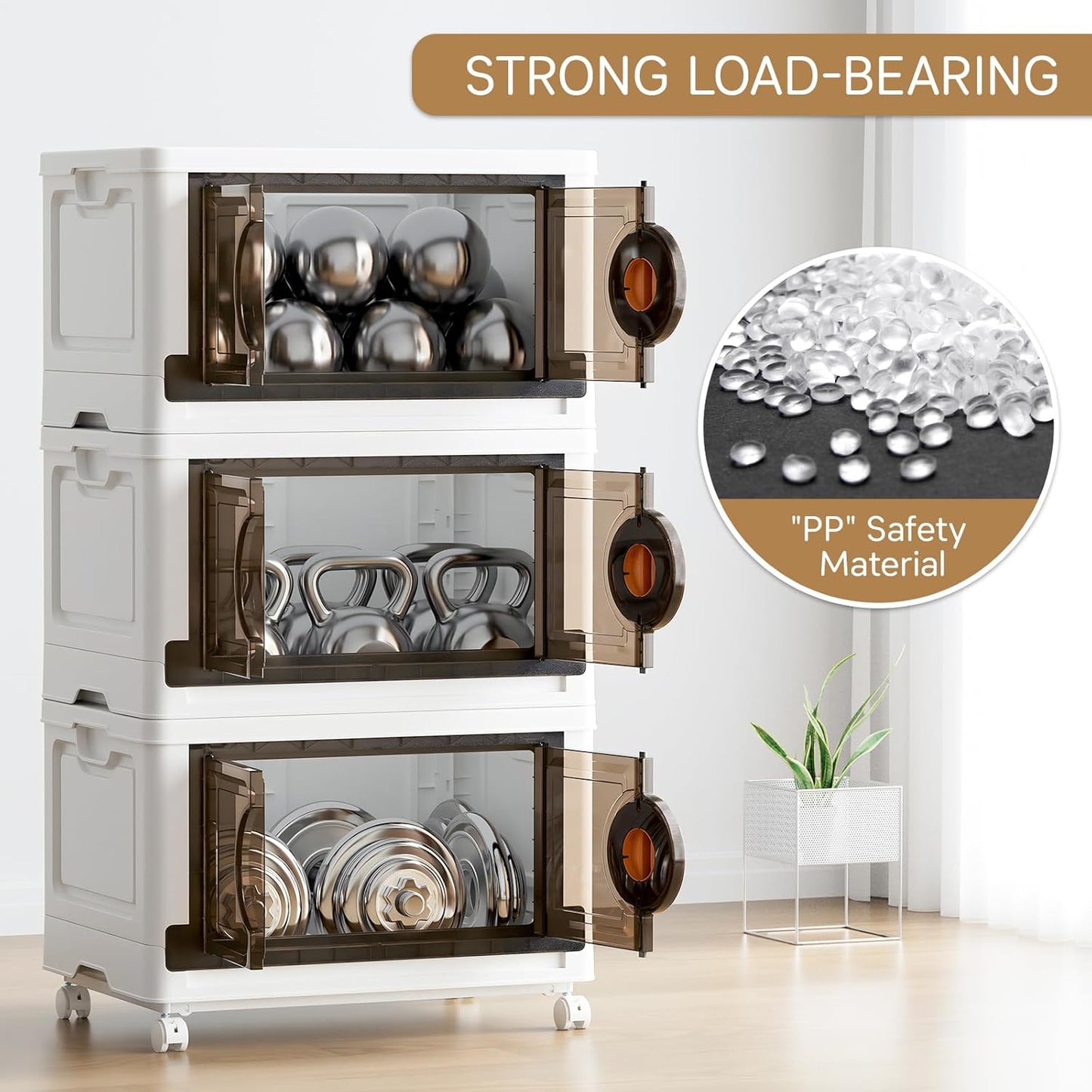 JEKO&JEKO 581Qt Lockable Stackable Storage Bins with Lids, Collapsible Closet Organizer with Wheels, Plastic Cabinet Drawer for Clothes 7 Pack (White)