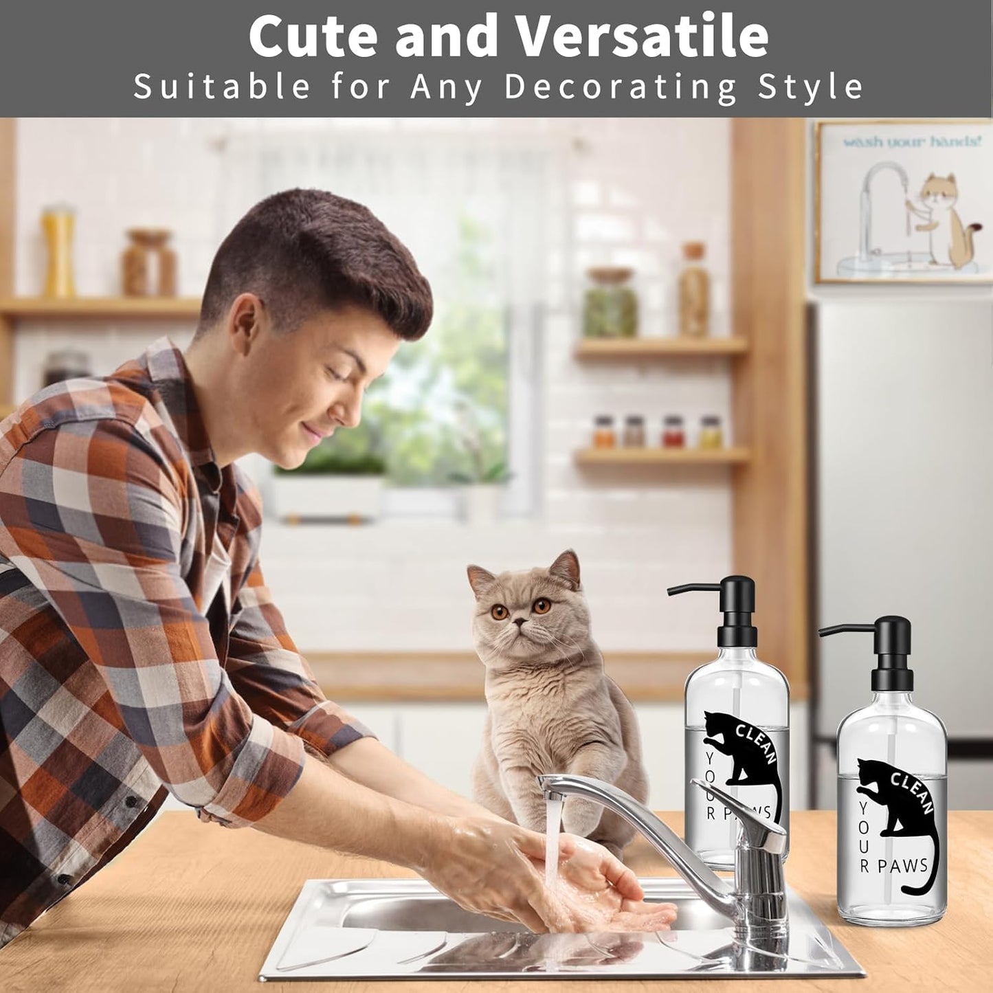 Black Cat Soap Dispenser 17 oz Clear Glass Hand Soap Bottle with 304 Stainless Steel Pump for Bathroom or Kitchen Countertop Cat Lover Gift Idea