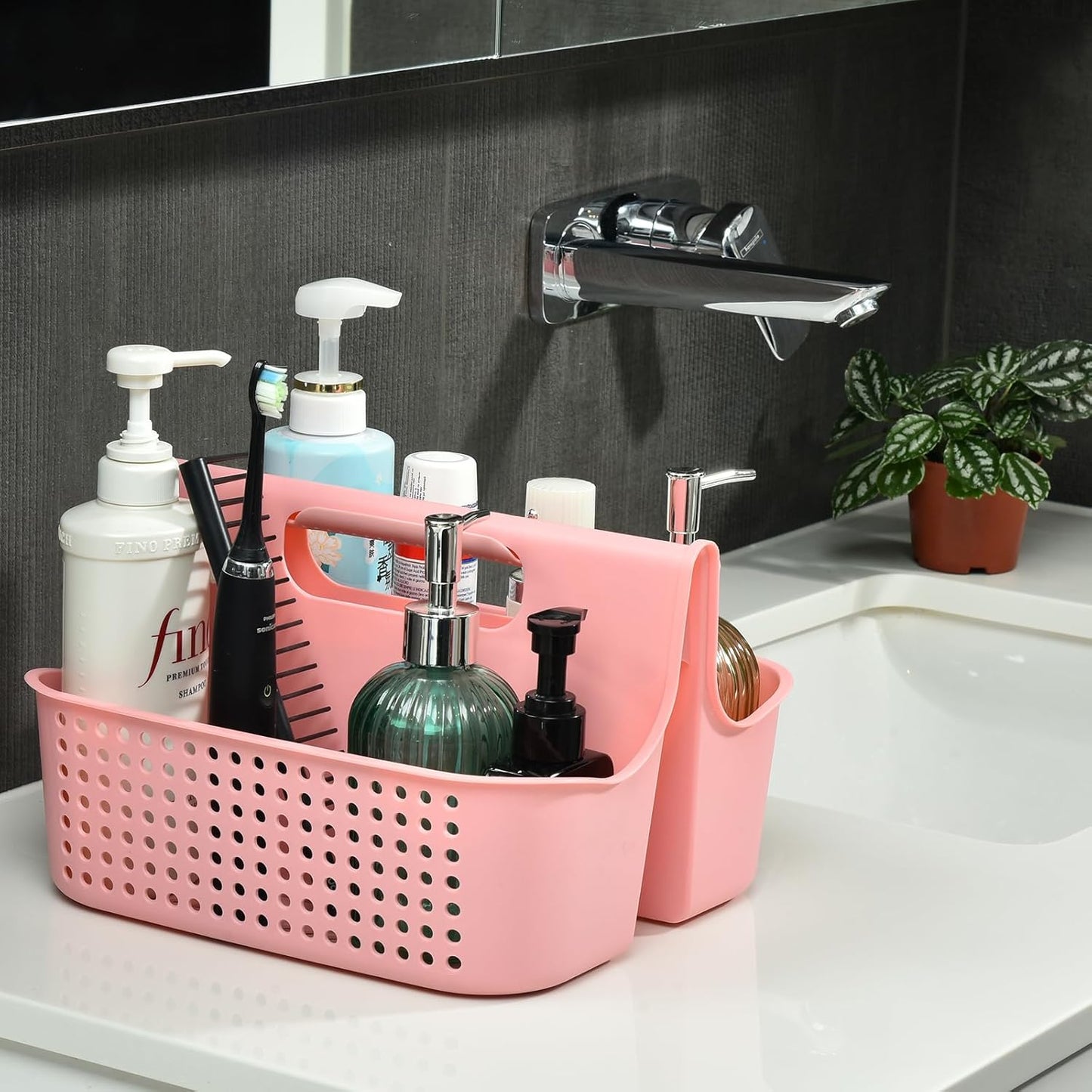 ALINK Portable Plastic Shower Caddy Basket, Large Cleaning Supply Caddy Organizer Storage Tote with Handle for Bathroom, College, Self, Cabinet, Dorm Room Essentials - Pink