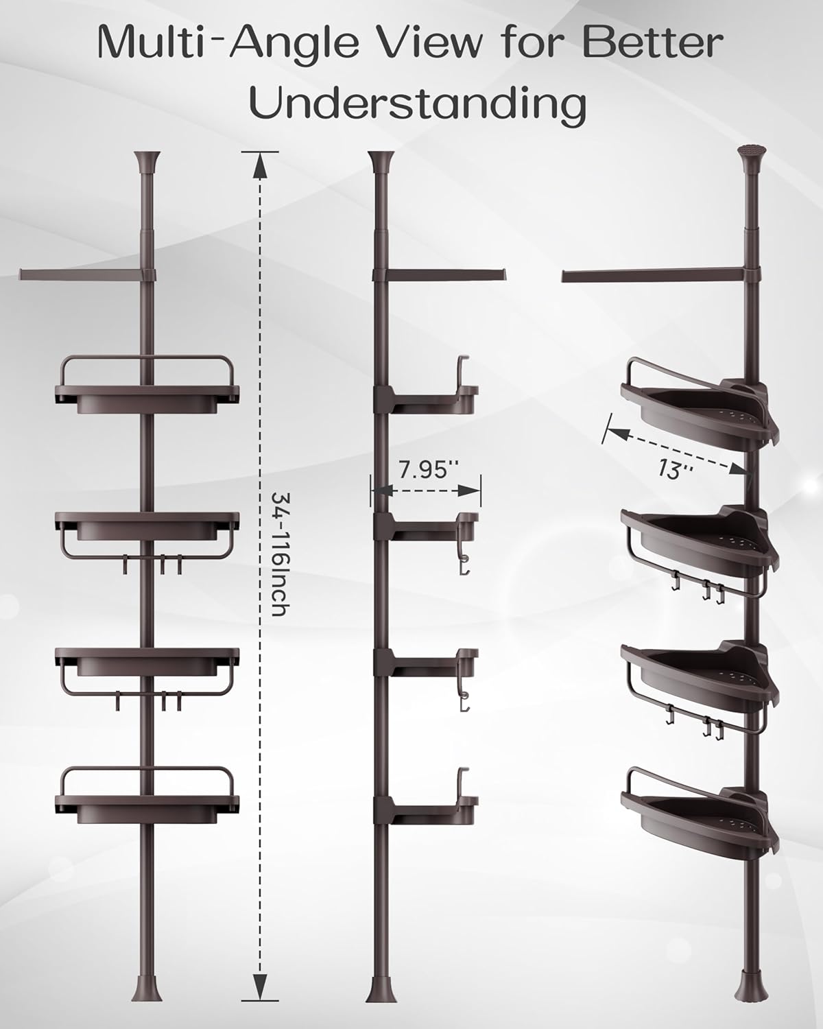 ALLZONE Rustproof Shower Caddy Corner for Bathroom, Bathtub Storage Organizer for Shampoo Accessories, 4-Tier Adjustable Shelves with Tension Pole, Fit Height 34 to 116 Inch, Brown