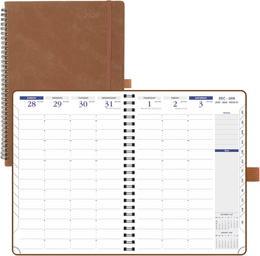 POPRUN 2026 Weekly Planner (A4-8.25'' x 11.75''), Quarter-Hourly Appointment Book (Jan. 2026 to Dec. 2026) with Monthly Tabs, Spiral Softcover, 2 Inner Pockets, Pen Holder - Brown