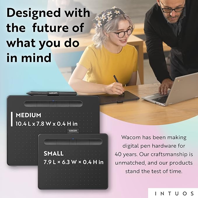 Wacom Intuos Medium Bluetooth Graphics Drawing Tablet, Portable for Teachers, Students and Creators, 4 Customizable ExpressKeys, Compatible with Chromebook Mac OS Android and Windows - Black