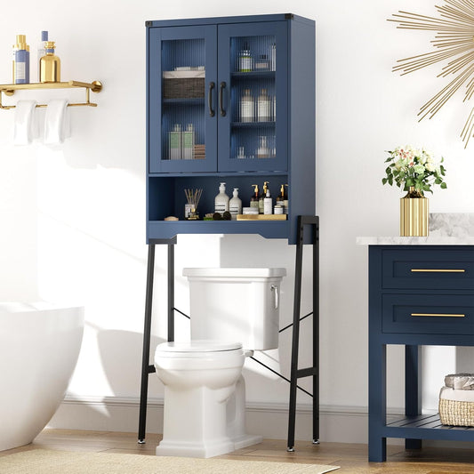 Over The Toilet Storage Cabinet with Tempered Glass Doors and Adjustable Shelf, Bathroom Organizer with Metal Stand Space Saver Over Toilet , Modern Toilet Rack for Bathroom, Restroom, Laundry, Blue