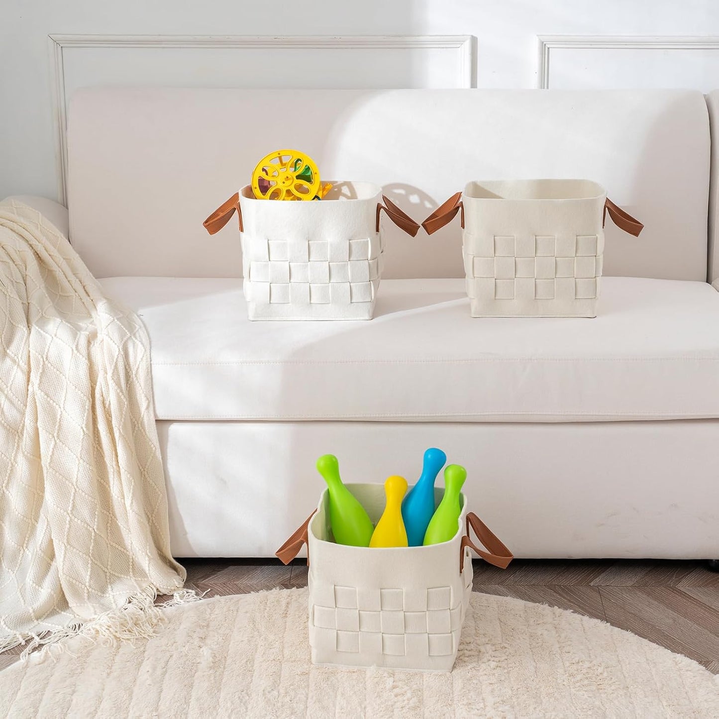 Bold monkey Storage Basket 3 Pack, Medium 10" x10" x10 " Baskets for Shelves with Leather Handle, Cube Felt Fabric Storage Box for Bedroom, Nursery, Living Room - Beige