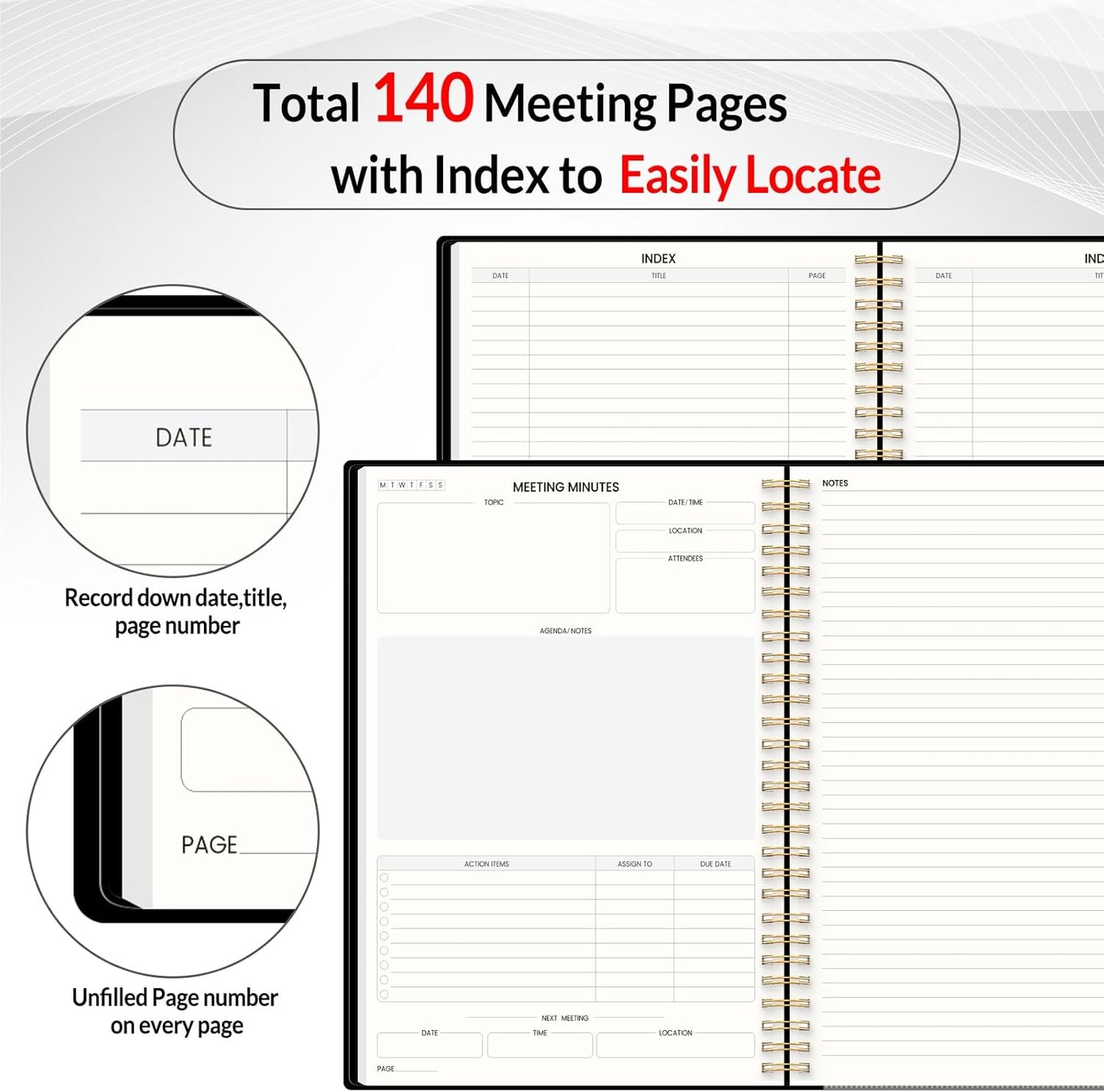 SUNEE Half Meeting Half Note 7"x10" Notebook for Work – 140 Pages, B5 Size Project Planner for Women&Men, Minutes Organizer for Meeting Notes, Ideas for Office/Business, PVC Waterproof Cover, Black