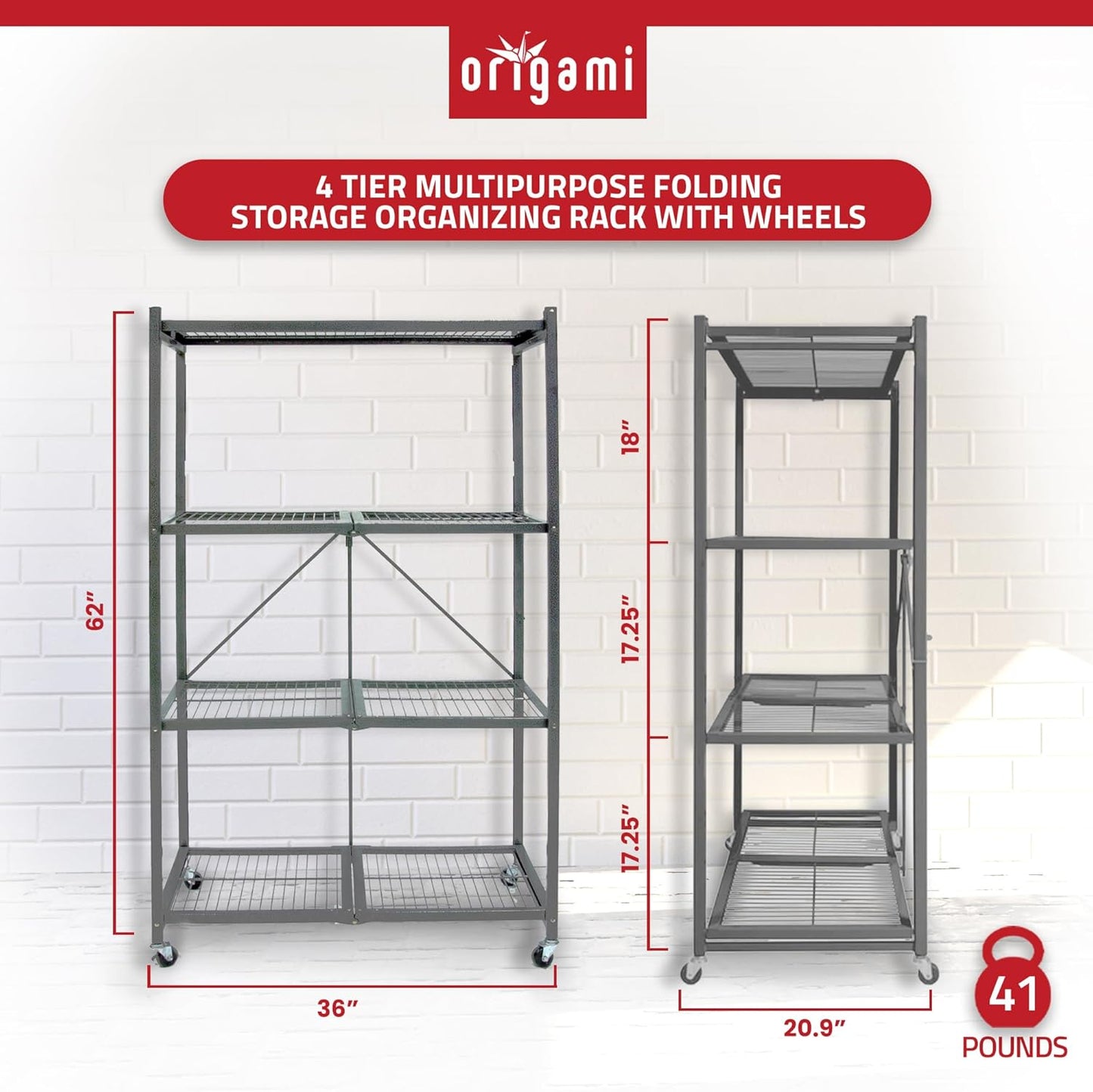 Origami 2-Pack R5 Series Foldable 4-Tier Steel Storage Rack, Pewter – Heavy-Duty Metal Shelving Unit w/ Removable Wheels for Laundry Room or Garage – Rolling Organizer for Home, Office & Warehouse