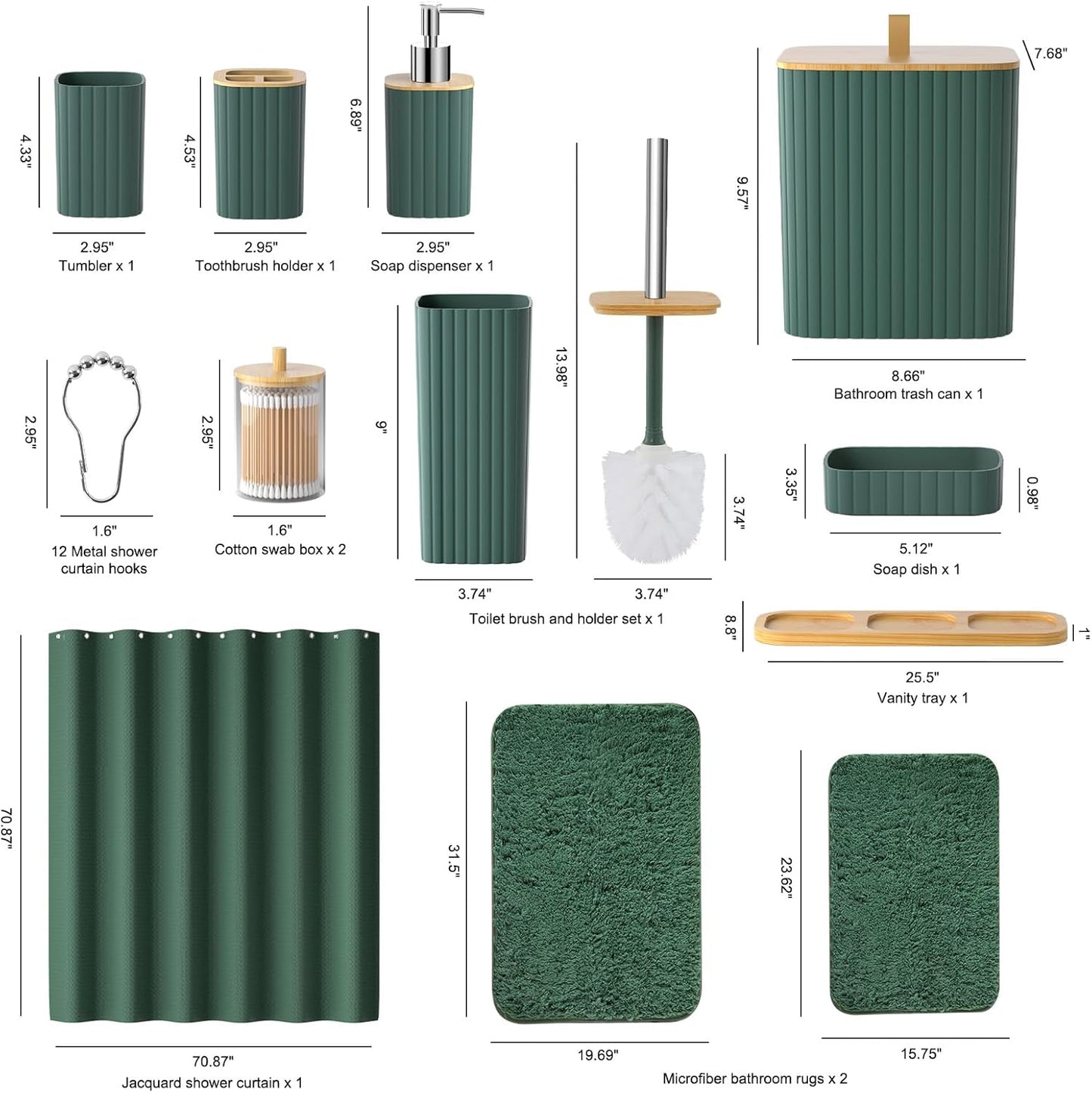 Bathroom Accessories Set - 24PCS Bathroom Set with Shower Curtain and Rugs, Trash Can, Toilet Brush Holder Set & Soap Dispenser – Stylish & Functional Bath Decor for Home, Apartment, Green
