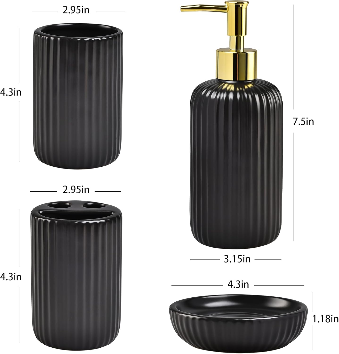 Black Bathroom Accessories Set, 4PC Ceramic Bathroom Sets Complete-Toothbrush Holders, Soap Dispenser, Soap Dish, Toothbrush Cup, Stylish Black Gold Bathroom Decor, Bathroom Organizer for Countertop