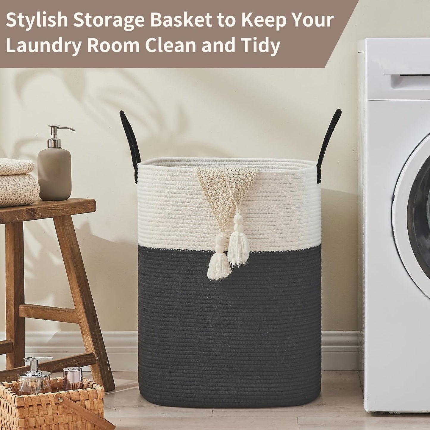 Laundry Basket with Handles - Blanket Basket & Hampers for Bedroom Aesthetic, Laundry Hamper & Blanket Storage for Living Room, Clothes Hamper, Tall, Large 17" x 14" x 25”, White & Black