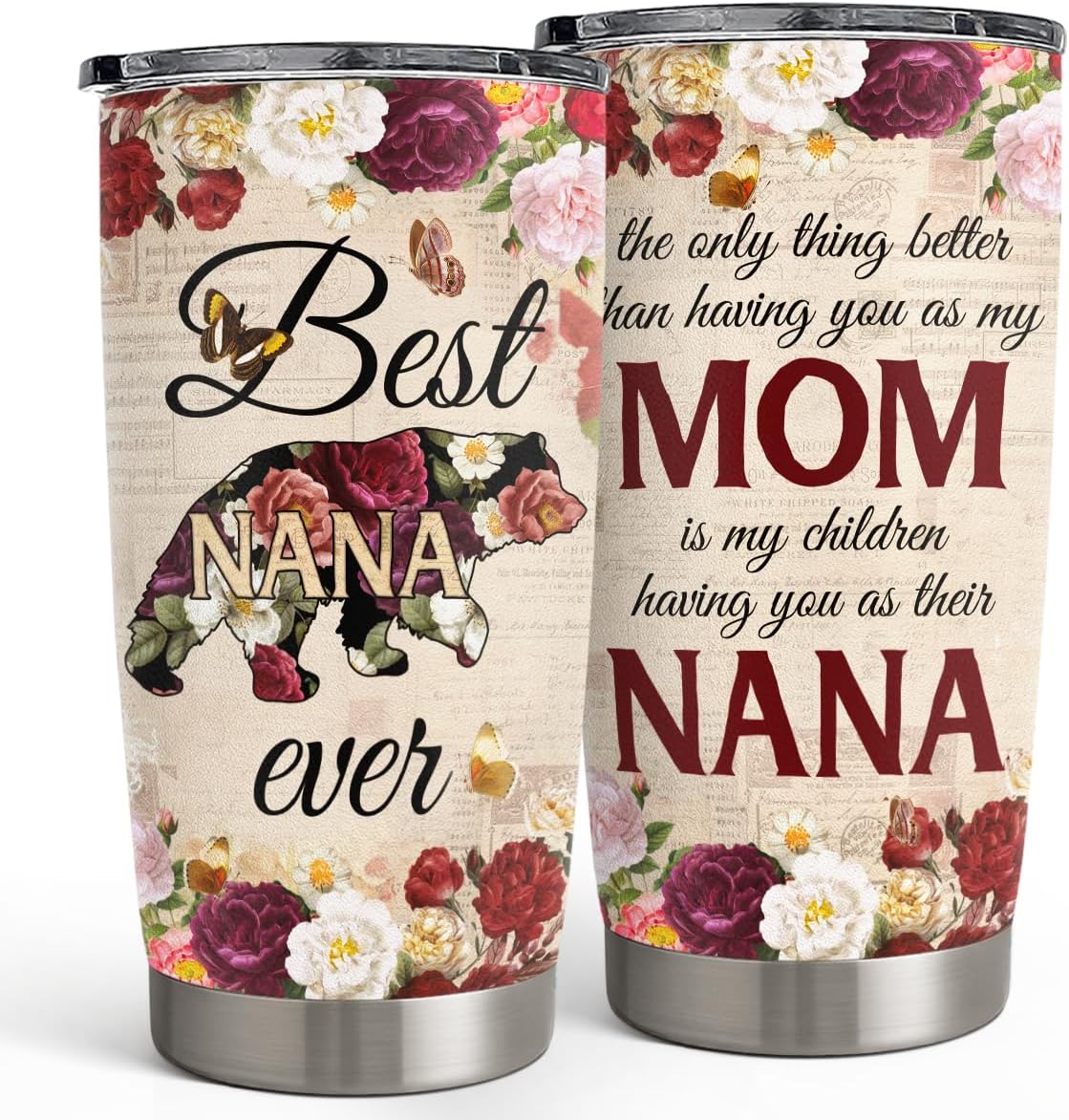 SANDJEST Best Nana Ever Tumbler Gift for Grandmas from Grandkids - 20oz Floral Insulated Stainless Steel Travel Mug Granny Christmas, Birthday, Mother's Day Gifts for Nana, Gigi from Grandchildren
