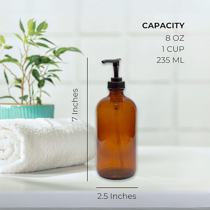 Cornucopia Brands 8oz Glass Pump Bottles (Pack of 4, Amber Brown) Lotion Soap Dispensers w/Black Plastic Pumps