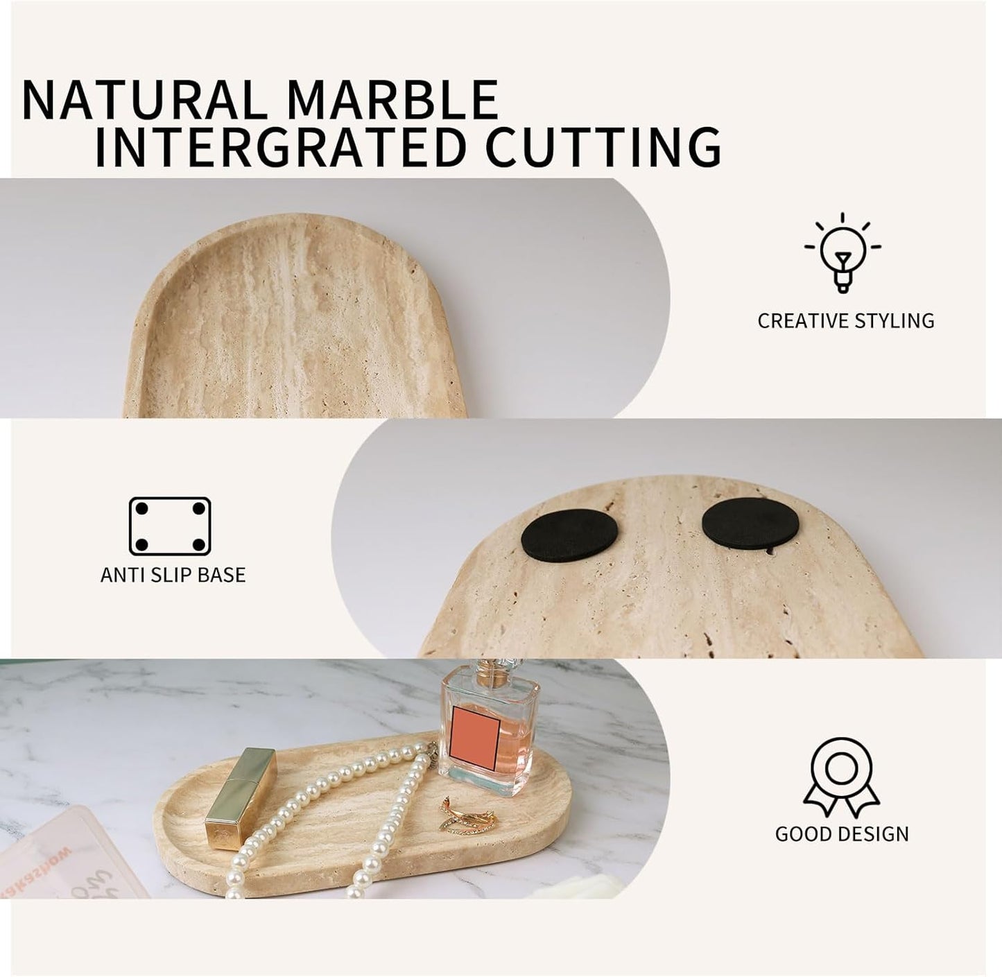 Marble Vanity Tray for Bathroom Counter, 10"x5" Travertine Decorative Tray for Perfume, Candles, Stone Jewelry Dish Tray (Travertine Beige, 9.8X4.7)