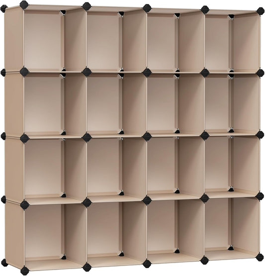 SONGMICS Cube Storage Organizer, Set of 16 Plastic Cubes, Book Shelf, Closet Organizers and Storage, Room Organization, Bedroom Living Room, 12.2 x 48.4 x 48.4 Inches, Camel Brown ULPC442K01