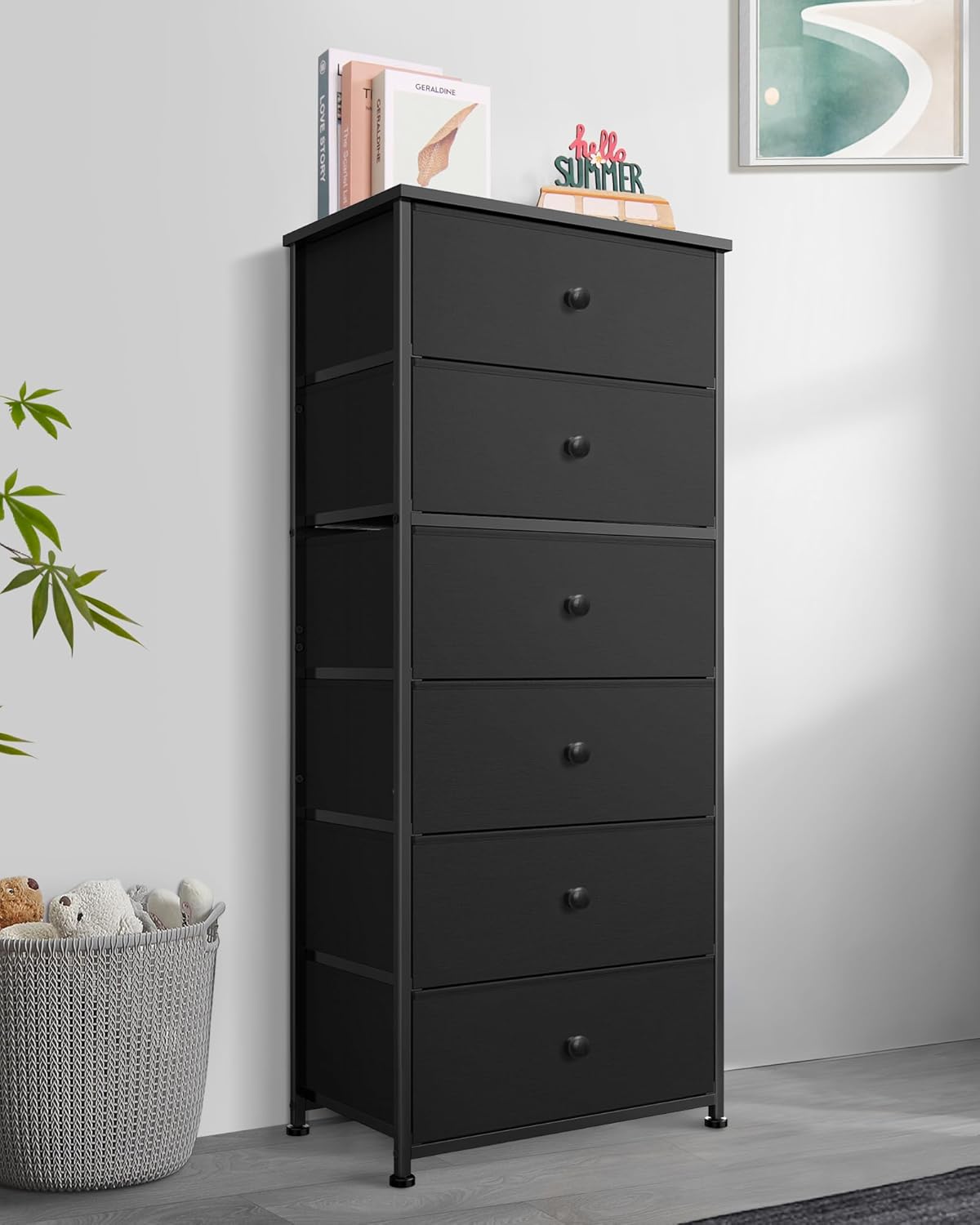 Tall Fabric Dresser for Bedroom, Vertical Storage Organizer Tower with 6 Drawers, Chest of Drawers with Bins, Steel Frame, Wood Top for Bedroom, Closet, Entryway Black