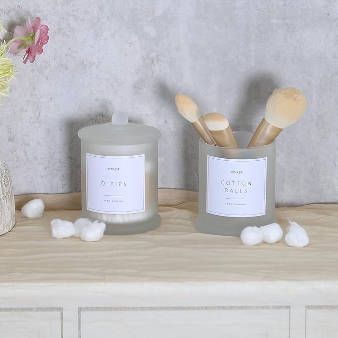 Qtip Holder & Cotton Pad Dispenser, Bathroom Organizer and Storage Canisters, 16oz Glass Apothecary Jars for Kitchen, Restroom - Home Decor, Room Decor Aesthetic (2 Pack, Frosted White)